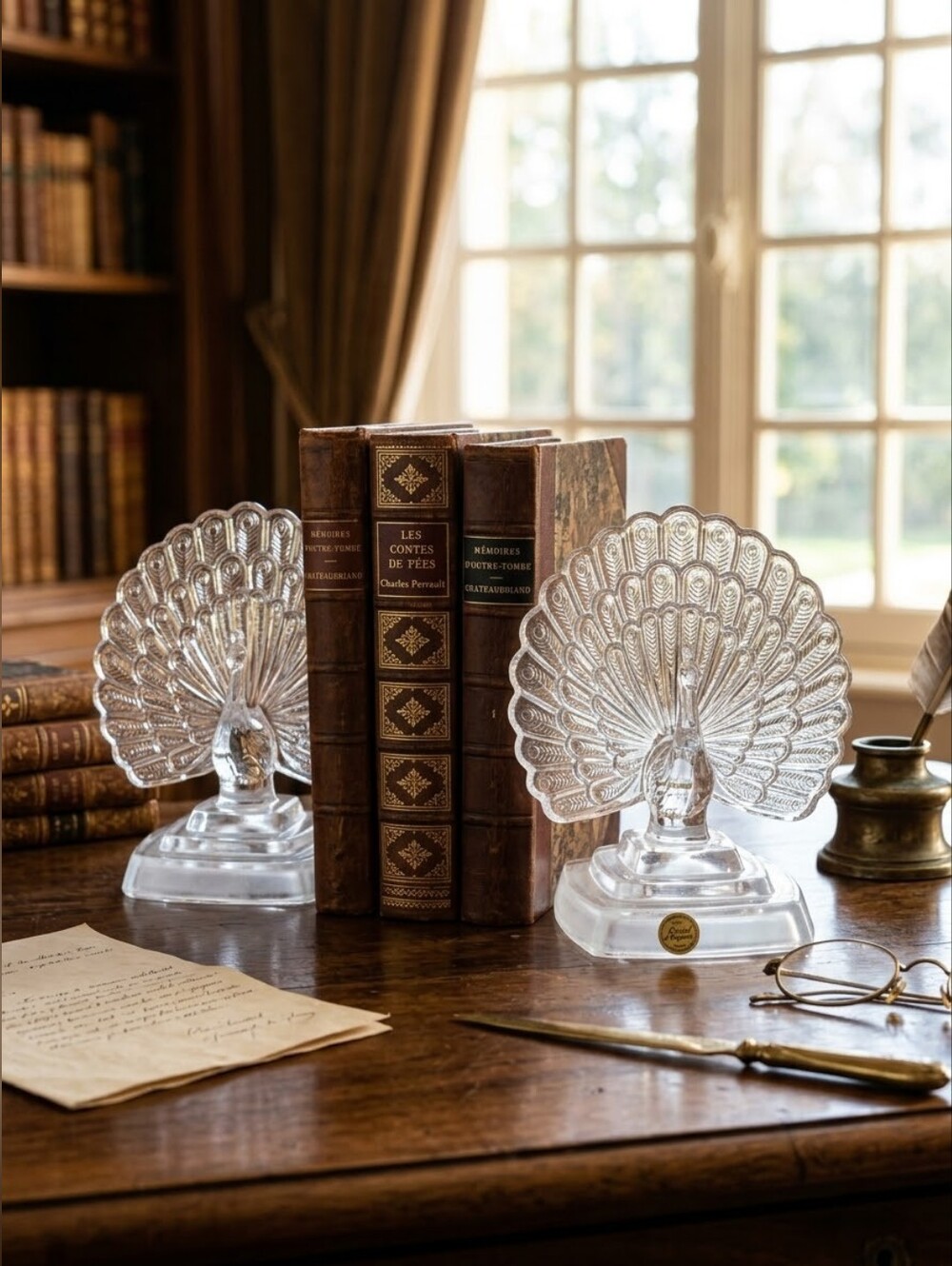 Vintage Cristal d'Arques France 24% Lead Crystal Peacock Figurines Bookends Pair